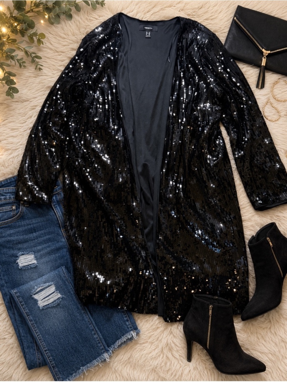 Forever 21 Plus Black Sequin Open Front Cardigan Jacket Size 3X Holiday Party